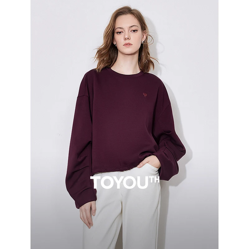 

TOYOUTH Women Hoodies Sweatshirt 2025 Spring New Pleated Long Sleeves Solid Color Casual Pullover Purple