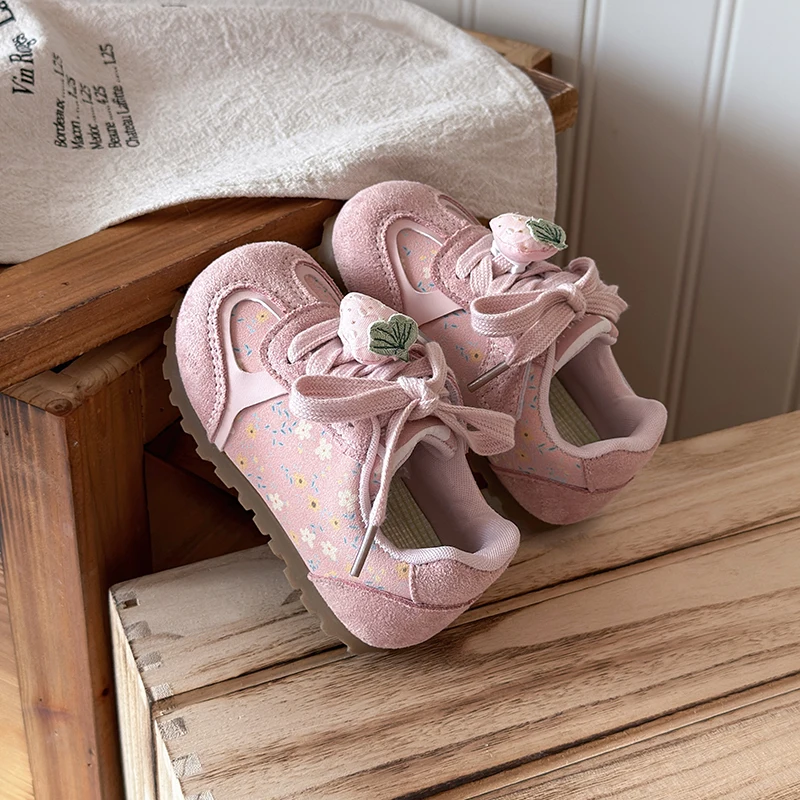 Kids Floral Retro Sneakers Detachable Strawberry Mushroom Charms Lace Up Soft Gum Sole Cute Girls Daily Casual Walking Footwear