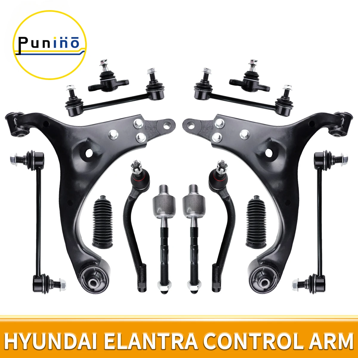 Punino Front Lower Control Arm Ball Joint Tie Rod End Boots 14pcs Set for Hyundai Elantra 2007 2008 2009 2010 2011 2012