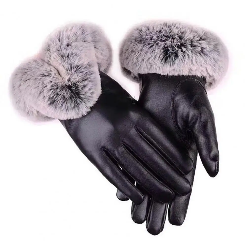 Faux Leather Gloves Winter Gloves Rabbit Leather Mittens Lady Female Outdoor Driving Warm Glove 장갑 guantes перчатки