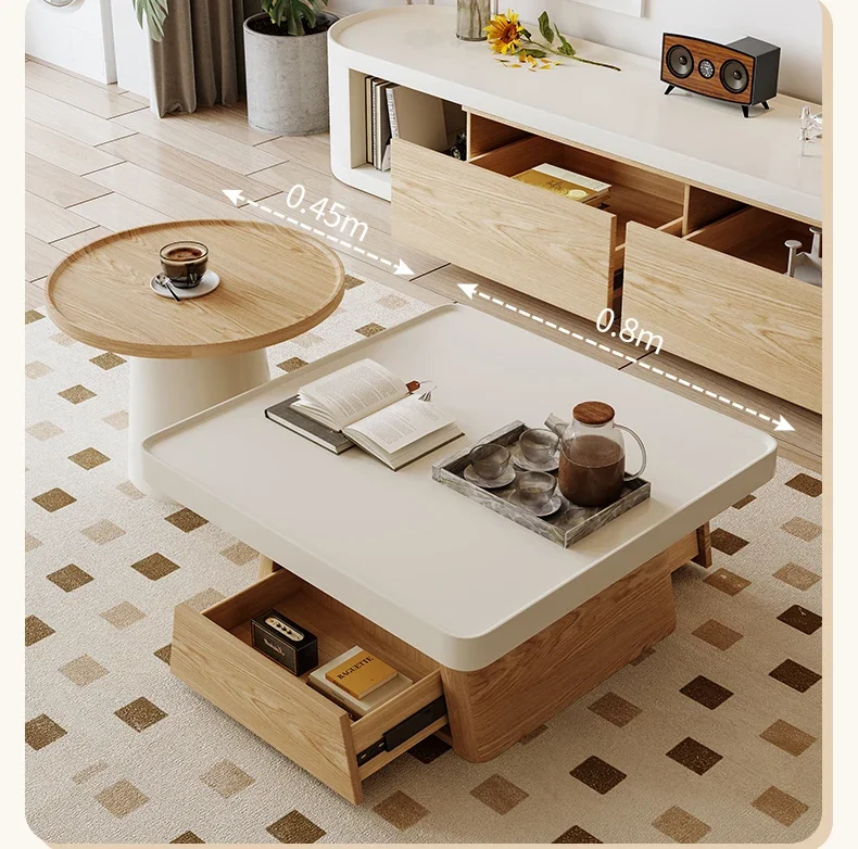 Small apartment square coffee table TV cabinet combination cream wind floor