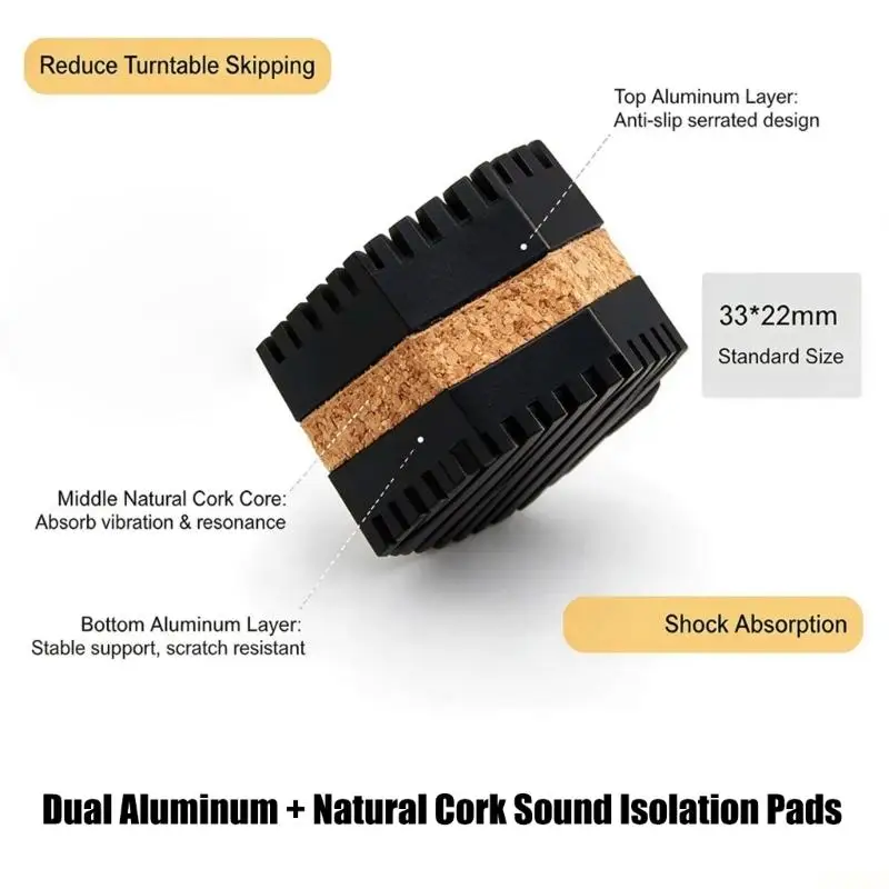 B03F Turntable Isolation Pad Feet with Layered Aluminum Alloy Cork Pad,  Shock Absorption Base Corner Placement Without Screws,