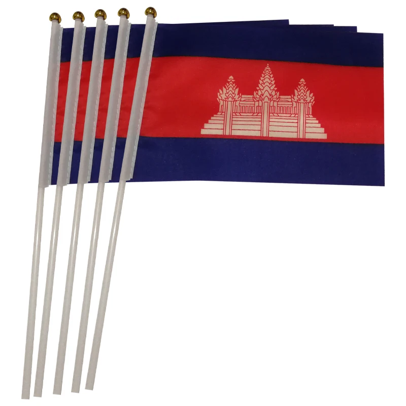 xvggdg  50pcs 14 * 21cm National Flag Cambodia  hand  flags  with plastic flagpole Polyester Printing flag