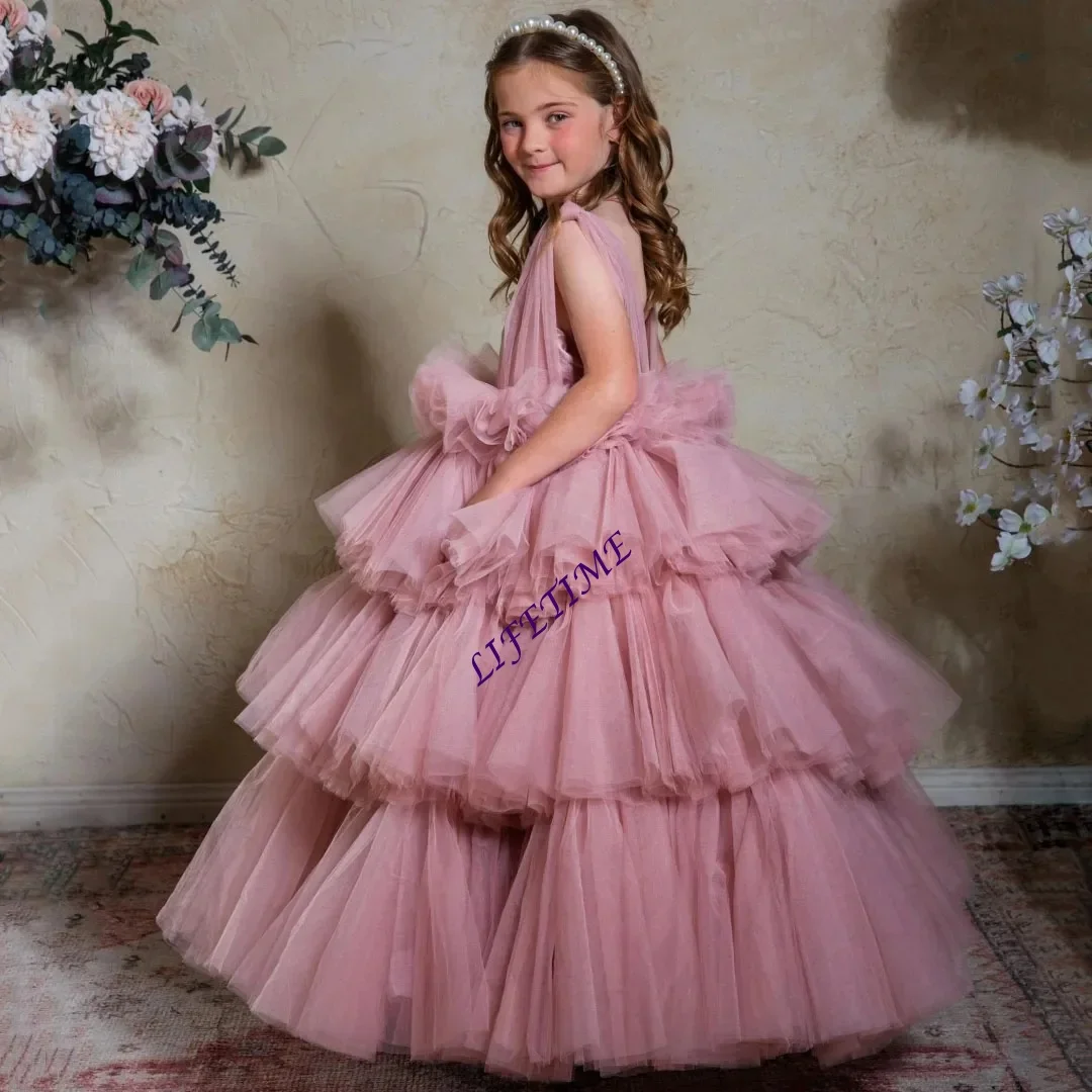 Maßgeschneidertes Blumenmädchenkleid Ärmellos Grau-Rosa Tüll Flauschig und Mehrschichtig für Hochzeiten Geburtstagsfeiern Abschlussbälle