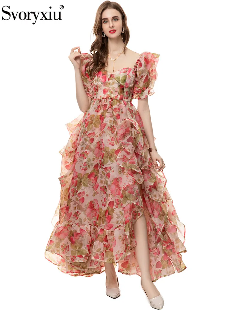 

Svoryxiu Runway Fashion Summer Party Floral Print Floor-Length Dress Women's Square Collar Puff Sleeve Gorgeous Big Swing Dress