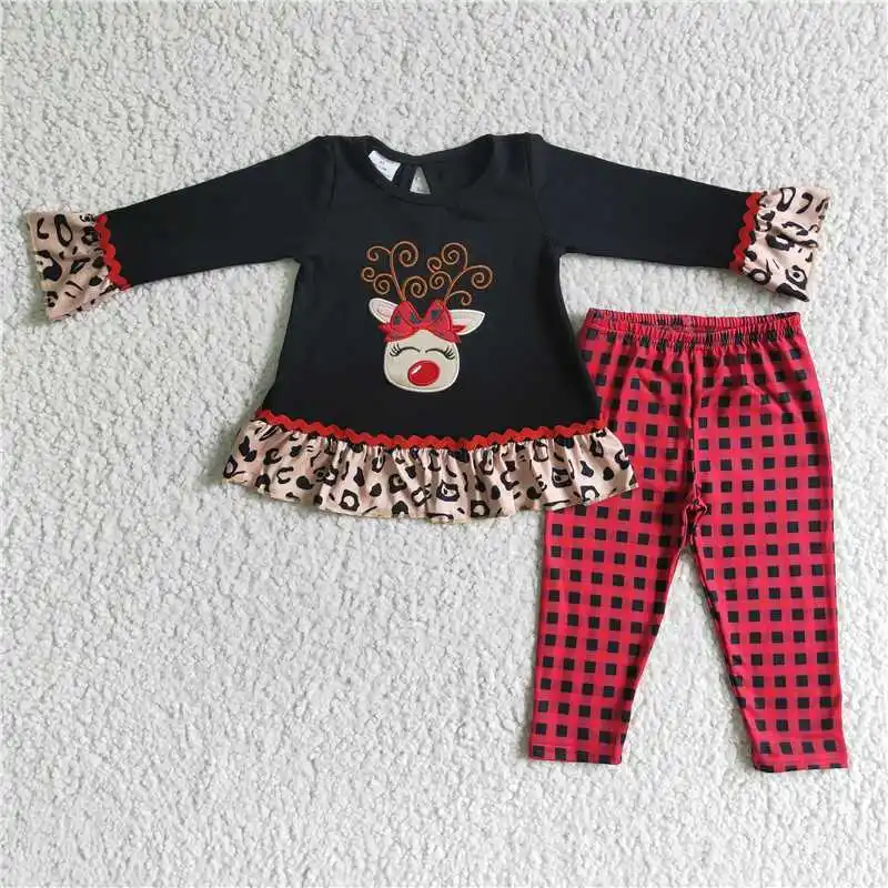 

2022 Baby Western Girls Christmas RTS Black Elk Leopard Long Sleeve Shirt Red Plaid Pants Girl Suit Hot Selling For Kids Fashion