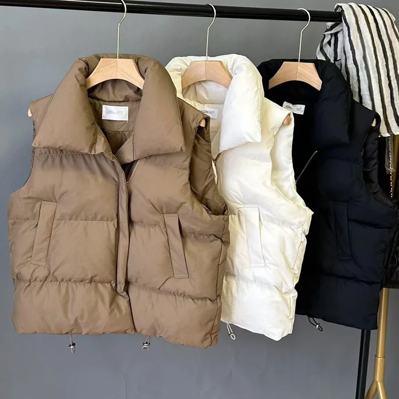 

Zipper Down Cotton Vests Women 2025 Autumn Winter Loose Casual Waistcoat Women Clothing Sleeveless Jacket Top Solid Vintage Vest
