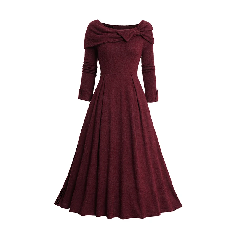 

Womens Fall Winter Dresses Heathered Bowknot Foldover Collar Dress Long Sleeve Knit Dress 2024 New A Line Midi Dress