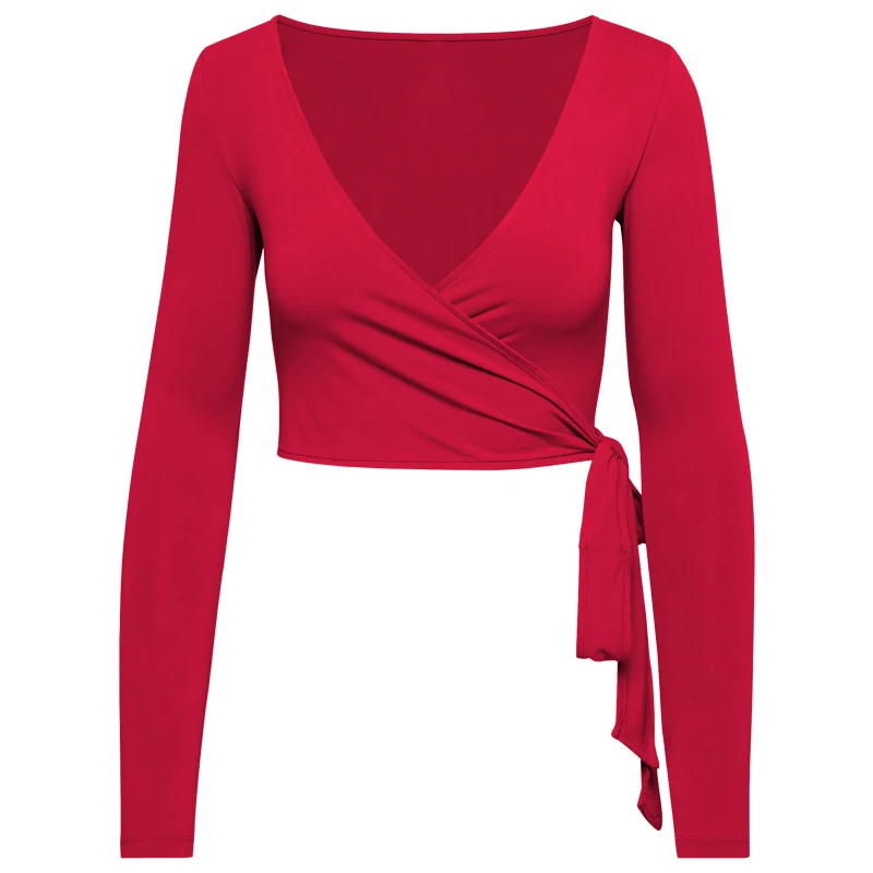 Women Bum Pilates Wrap Top Crop Tops Long Sleeve Deep V Neck Tie Tshirt Comfortable Breathable Casual Fashionable Ladies Tshirt