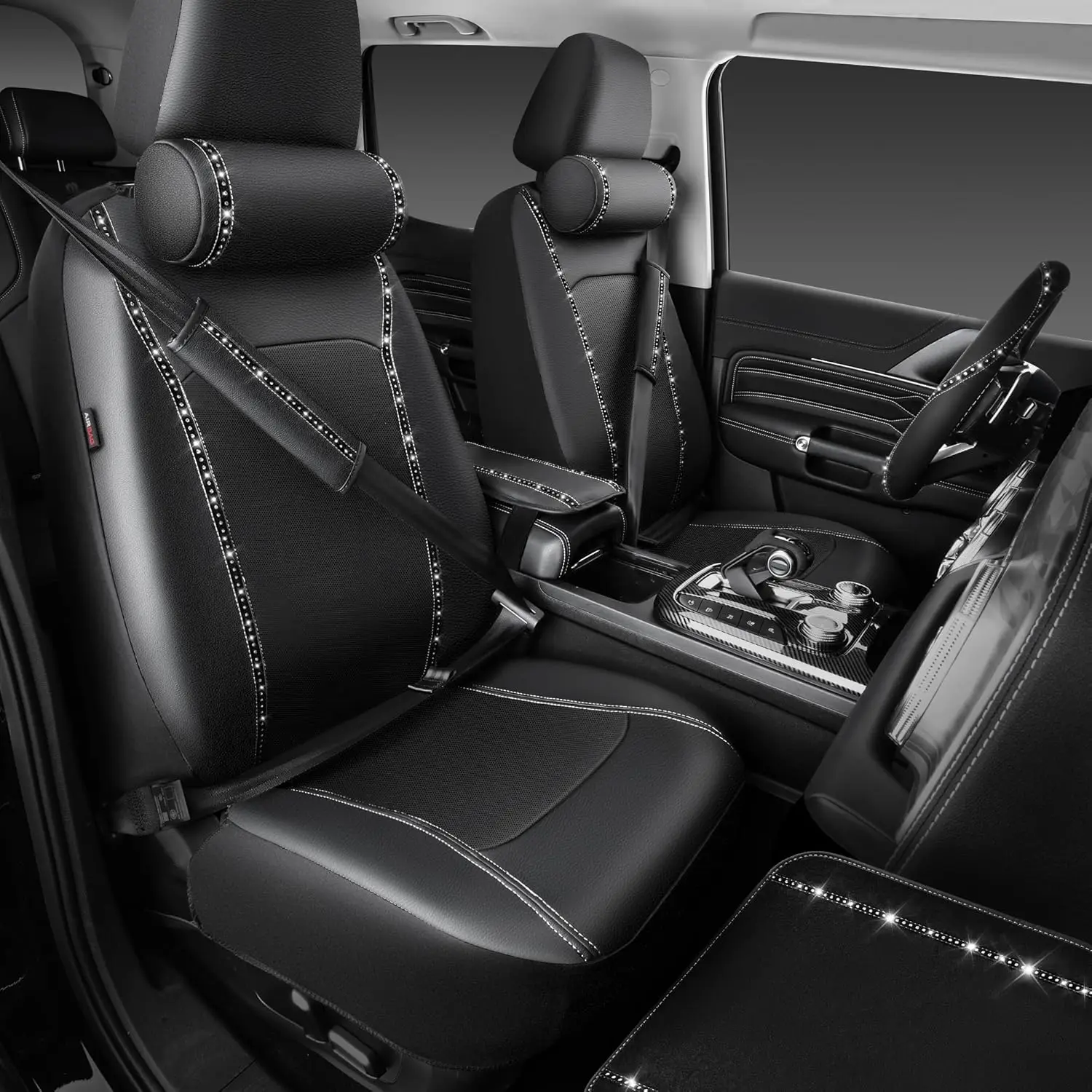 

14 PCS Bling Diamond Car Accessories Set for Women, Leather Seat Covers Front Seats Sparkly Rhinestone 15'' Steering Wheel·New