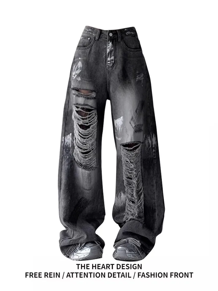 Street Sle AmericanInspired Denim Jeans Mujer Pierna recta suelta Diseño rasgado y parcheado Pantalones largos de cintura alta Ropa de verano