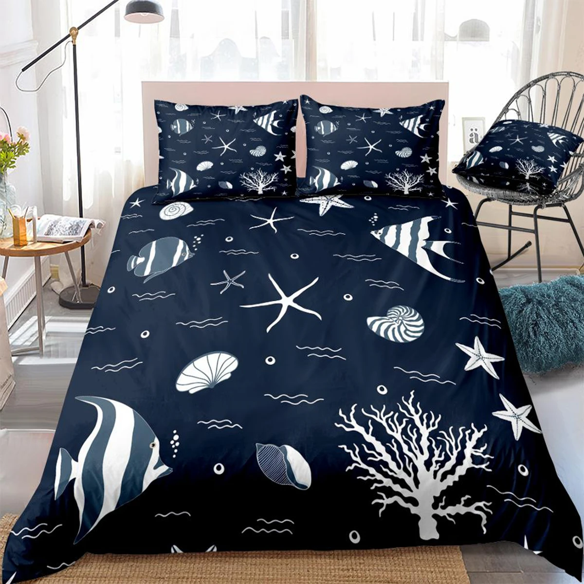 3PCS Starfish Duvet Cover Set Fish Quilt Cover Coral Home Textiles Kids Teens King Bed Set Sea Dropship Beach Bed Set Ocean Wave