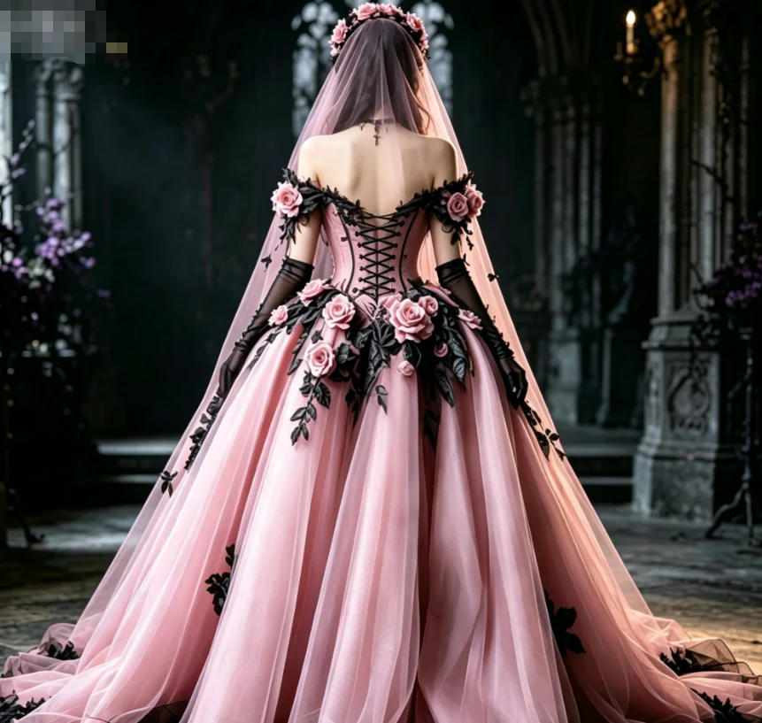 Dark Romantic Pink Wedding Dress With Rose Florals Off Shoulder Victorian 90s Medieval Bridal Gowns Enchanted Forest Halloween