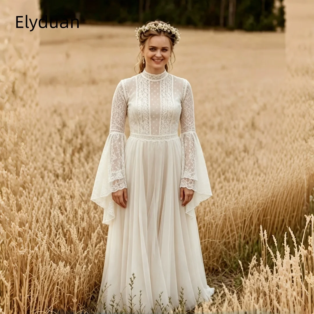 Boho Lace Wedding Dress Backless High Neck Long Flare Sleeve Vintage Lace Chiffon A‑Line Bohemian Country Bridal Gown Customized