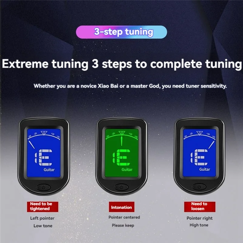 Clipe afinador de guitarra recarregável fstee em afinador eletrônico para guitarra baixo ukulele violino bandolim banjo para todos os instrumentos