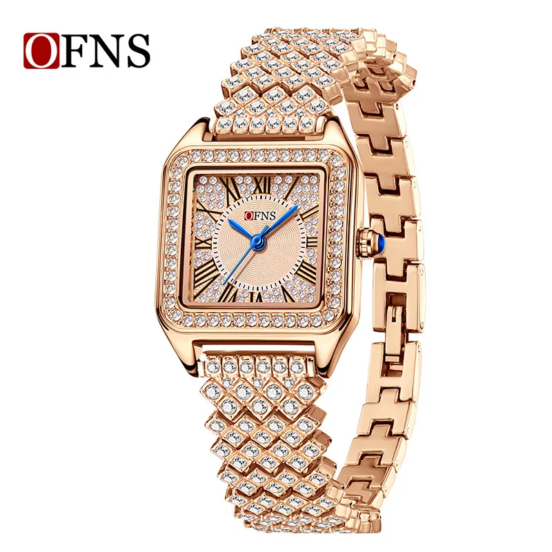 OFNS foreign trade quartz watch light luxury fashion square full diamond women's watch Roman scale waterproof women's watch
