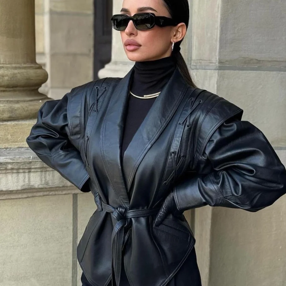 ZBZR Jesienna Nowa Kolekcja Damska Modny Krój Slim Fit Brązowy Skórzany Płaszcz Żakietowy Elegancki Design Ciepły Poliester Długi Rękaw