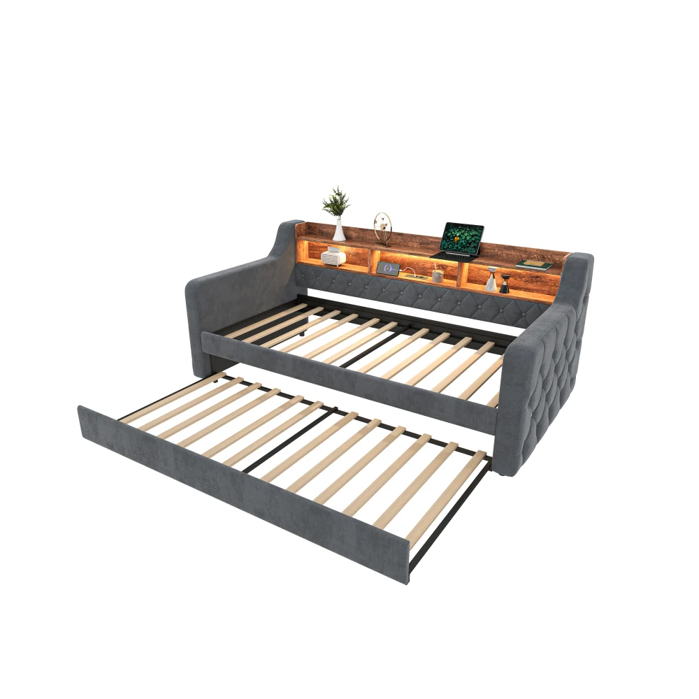 Velvet sofa bed 90x190cm - pull-out double bed with storage space, 12 sturdy wooden strips, 260kg high load-bearing capacity, suitable for bedrooms, guest rooms, youth rooms - grey, modern, practical image 3