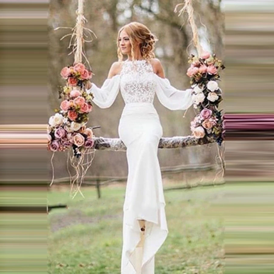 Scoop Long Sleeves Chiffon Mermaid Wedding Dresses Elegant Long Bridal Party Dress Boho Wedding Party Gowns Custom Made