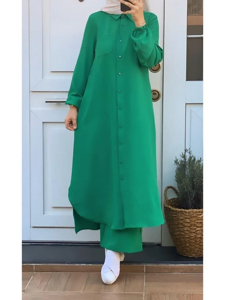 Vestido muçulmano de botão para mulheres, Blusa Abaya, Camisa de manga comprida, Ternos de perna larga, Vestidos árabes, Conjuntos, Conjunto 2 pcs