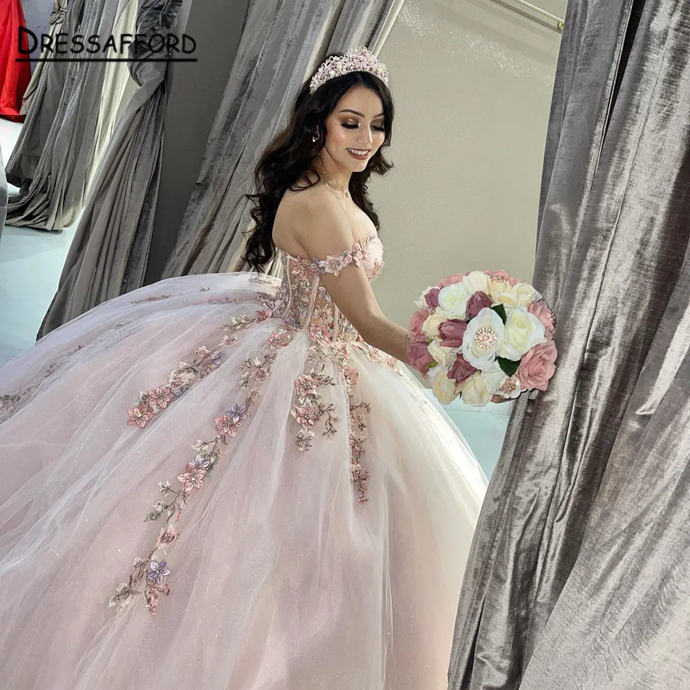 Gorgeous Sweet 16 Pink Quinceanera Dresses With Lace Applique Off Shoulder Ball Gown Prom Dress Tulle Tiered Masquerade Gowns