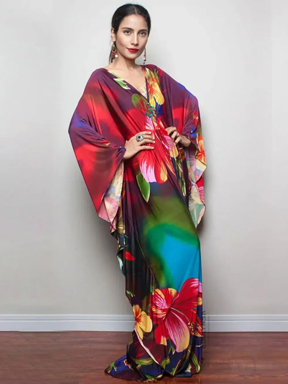 2024 Print Maxi Dress Batwing Sleeve Tunic Spring/Autumn Beach Dress Tunic Casual Plus Size Women Beachwear Kaftan Sarongs