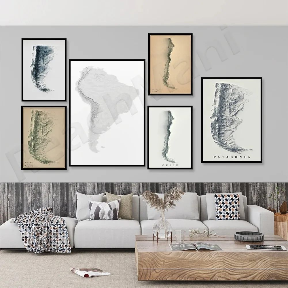 Mapa general de Sudamérica - Mapa topográfico de Chile y Argentina, mapa de las montañas de los Andes, pintura en lienzo para el aula, decoración del hogar