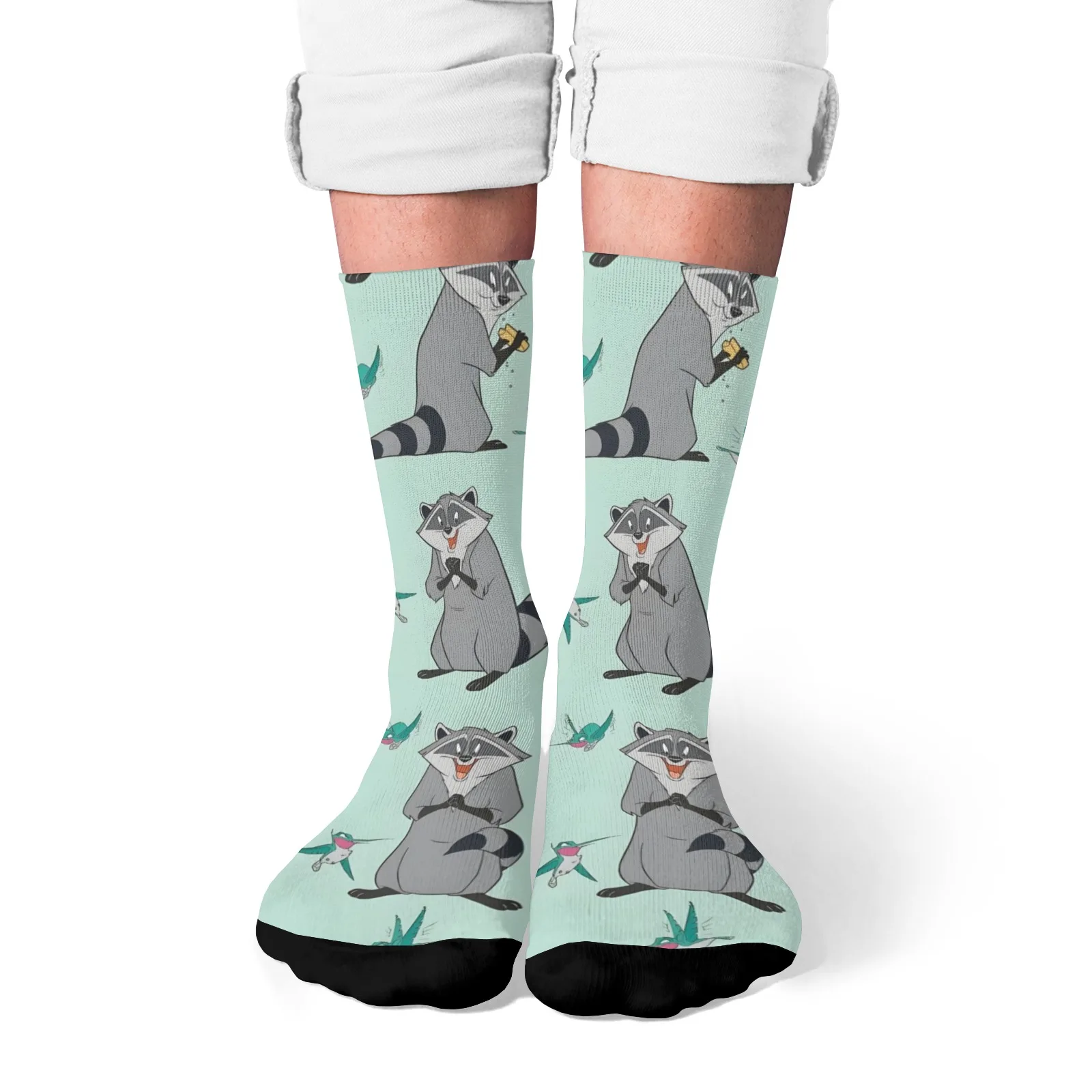 Novelty Disney Pocahontas Meeko Compression Socks Mint Green Natural Beauty Cute Raccoon and Hummingbird Print Nostalgic Gift