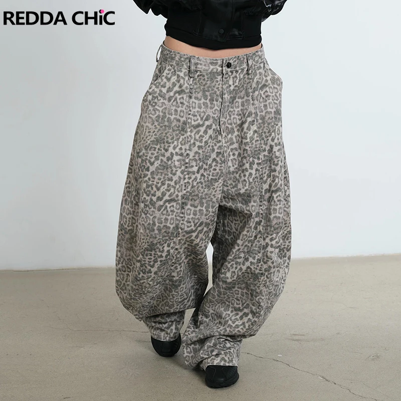 REDDACHiC Snow Leopard Barrel Women's Jeans Y2k Retro Print Loose Low Rise Pleats Pockets Wide Casual Pants Boyfriend Streetwear