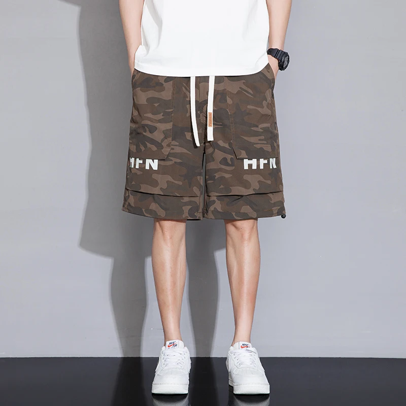 

Fashion Pockets Letter Camouflage Casual Shorts Men's Clothing 2024 Summer New Loose Elastic Lace Up All-match Cargo Knee Shorts