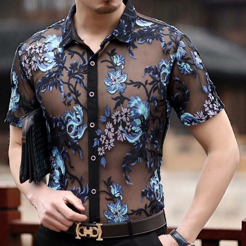 Embroidery Lace Club Party Shirt Luxury Transparent Shirt Men Long Sleeve Chemise Hommesexy See Through Mesh Shirt Men 4xl