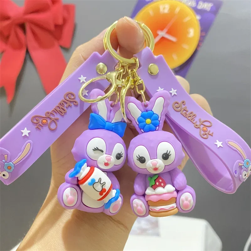 Disney Cartoon Cute StellaLou Doll Pendant Keychains for Women Girls Purple Rabbit Candy Cake Keyring Car Keys Holder Gifts