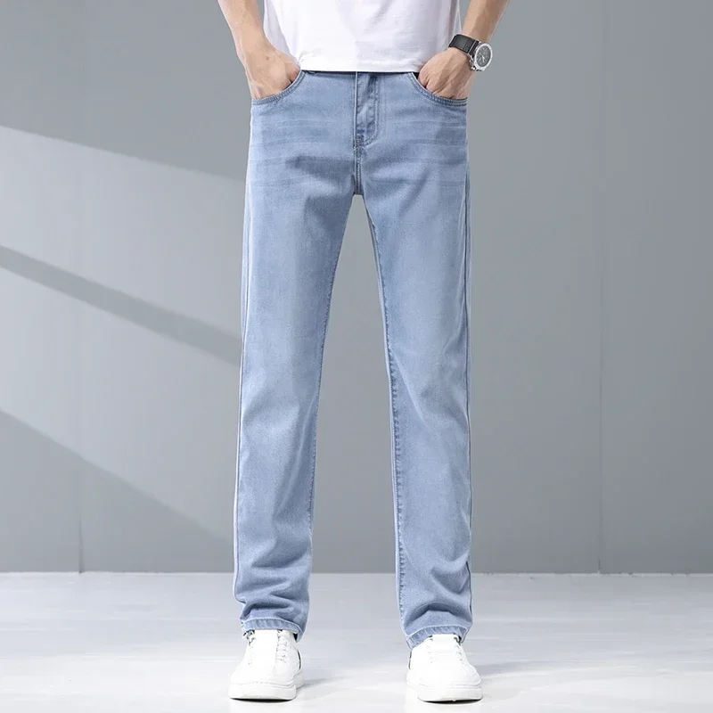 

2026 Summer Classic Lyocell Thin Straight Jeans for Men Business Casual Soft Fabric Elasticity Denim Trousers Male Brand