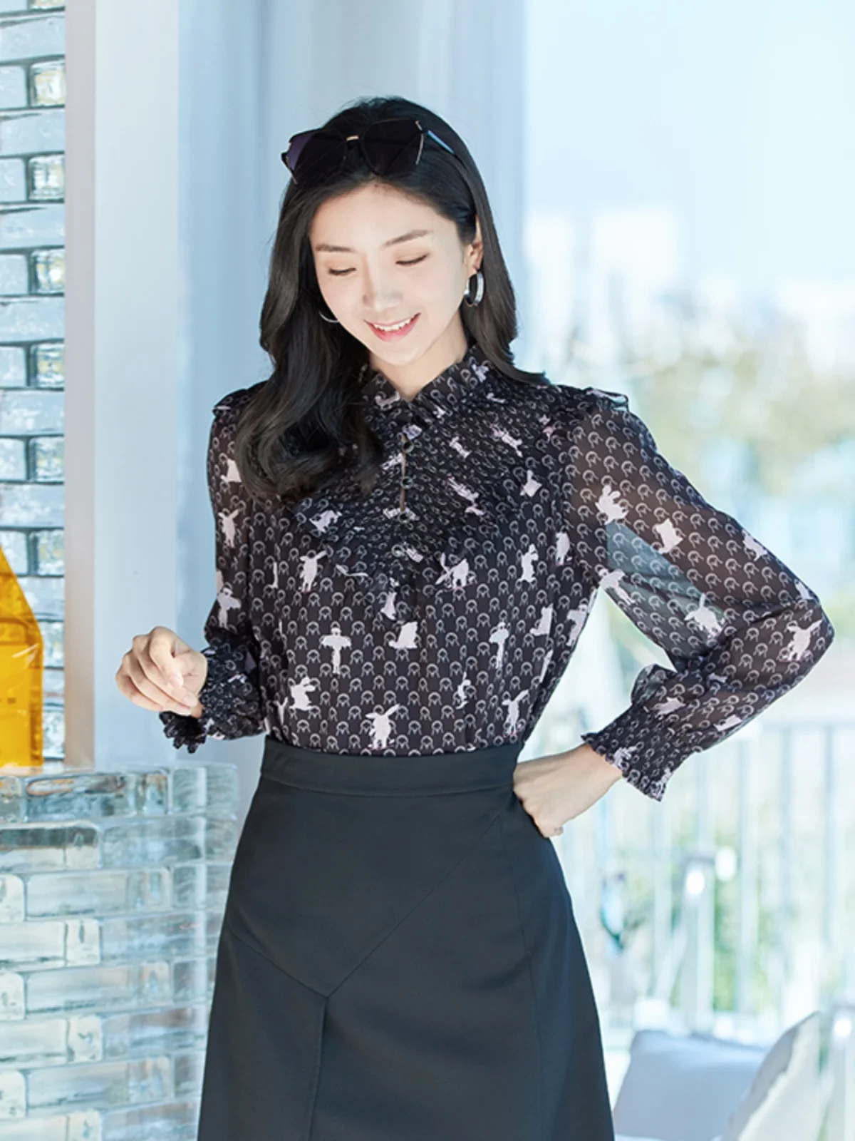 

Ele Bla Floral Print Chiffon Long Sve irt Stand Collar Ladylike Commute Top with Lace Trim for Women Spring New Ar...