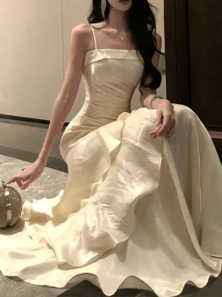 Elegante babados estilingue vestidos de sereia feminino vestido de baile sólido zíper em camadas vestido de ombro 2025 verão chique novos vestidos