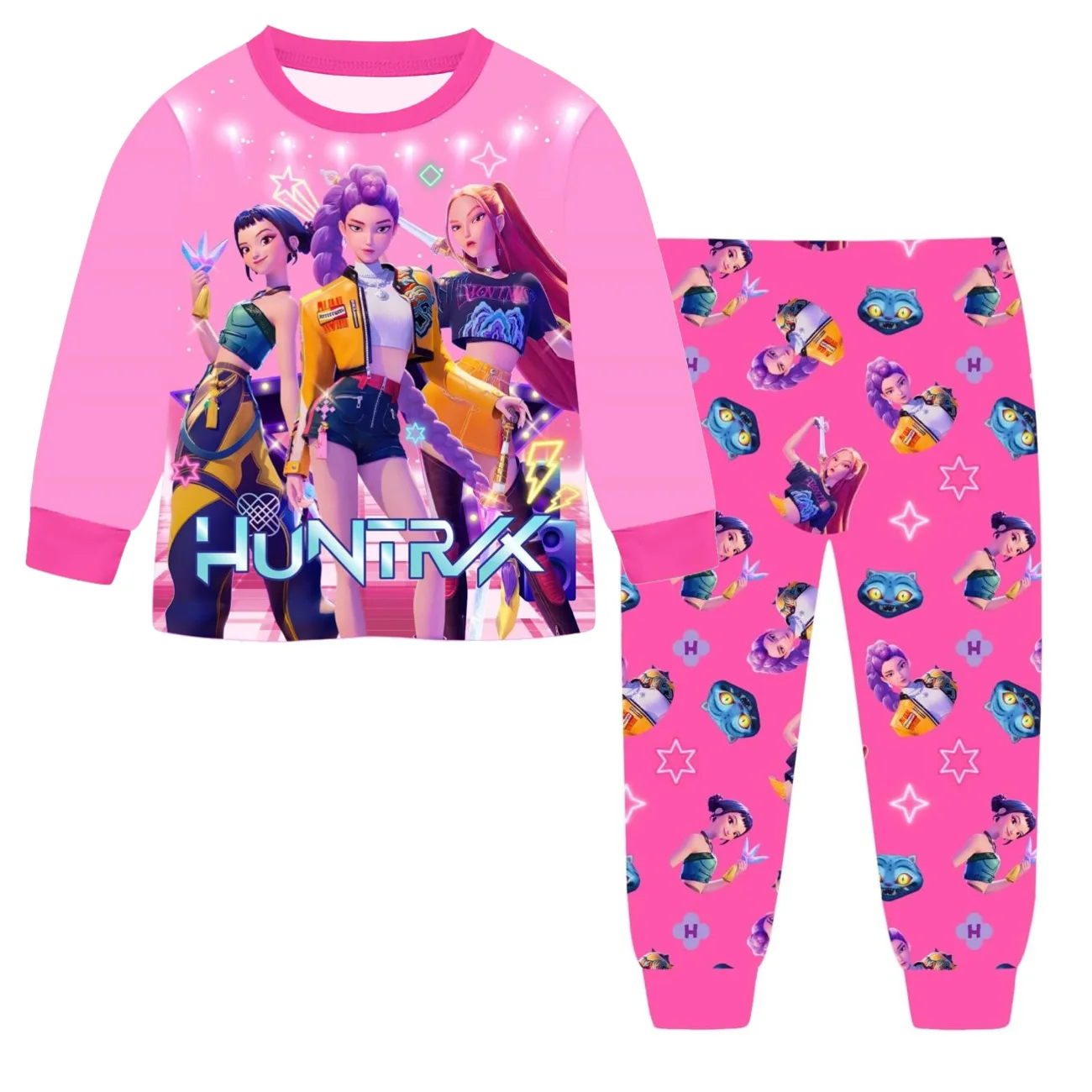 

2pcs Movie K-pops Demons Hunters Kawaii Pajamas Set Girl Cosplay Nightwears Anime Long Sleeve tops+Pants Fans Halloween Gift