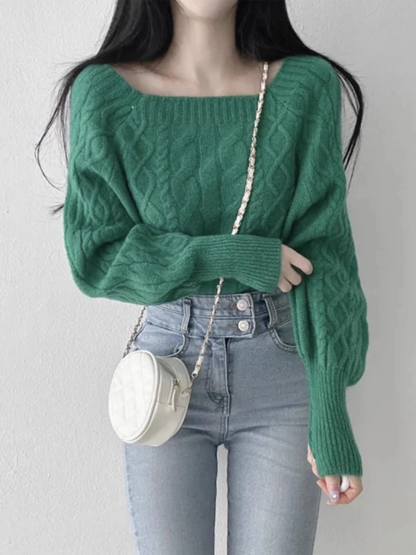 Chic automne hiver Thiened Long Sve tricoté pull femmes Faion rétro col carré torsion fil décontracté haut confortable