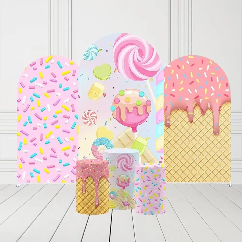 

Arch Backdrop Cover Pink Donut Glaze Sprinkles Birthday Baby Shower Party Decoration Chiara Arched Spandex Fabric Cover
