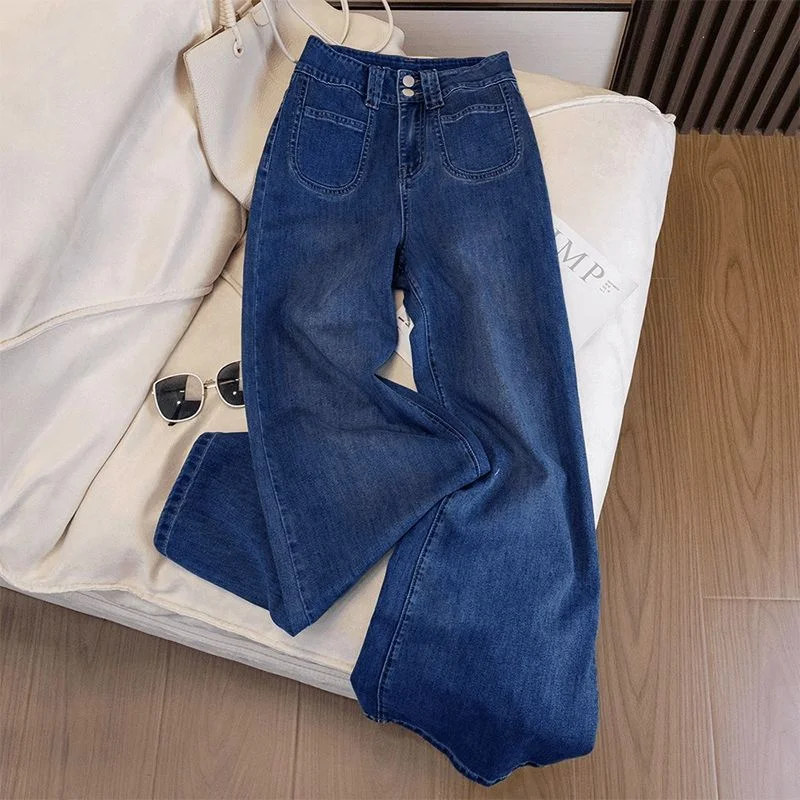 

Эластичные облегающие джинсы с высокой талией для женщин. 2025 г. Универсальные синие широкие брюки в стиле ретро. Модные женские джинсовые брюки для поездок на работу.