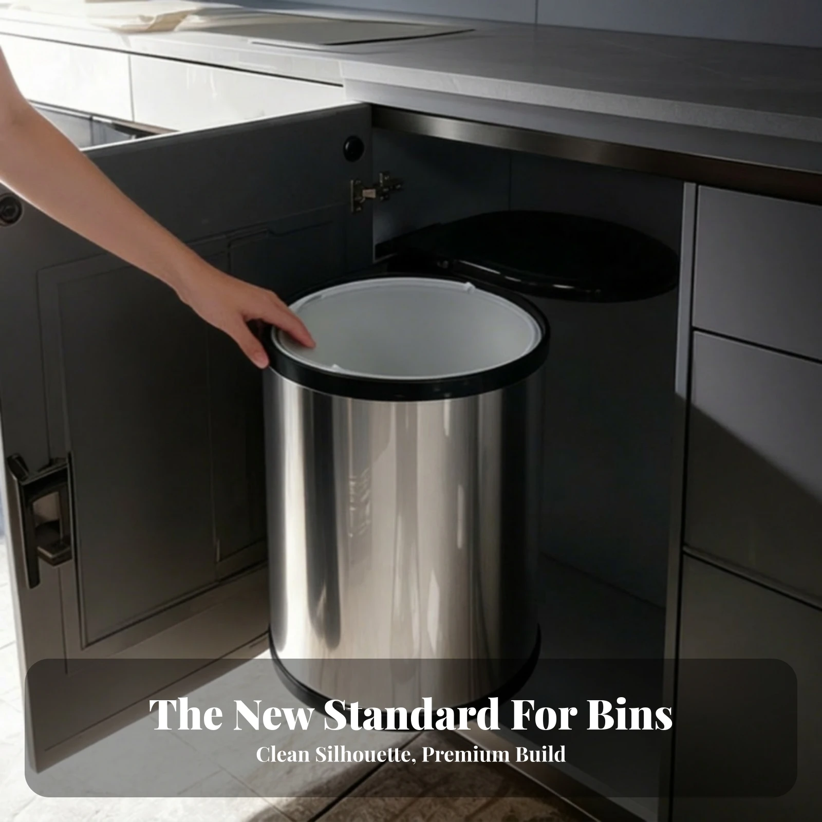 Trash Bin with Door Linkage Built-in Cabinet Trash Bin Stainless Steel Space-Saving for Homeowners, Kitchen Cabinets view 3