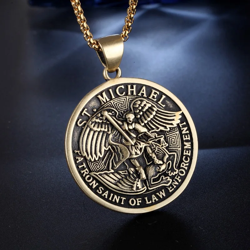 Retro Archangel Michael Figure Pendant Necklace Alloy Material Belief Theme Neck Ornament For Men Religious Gift Jewelry view 3