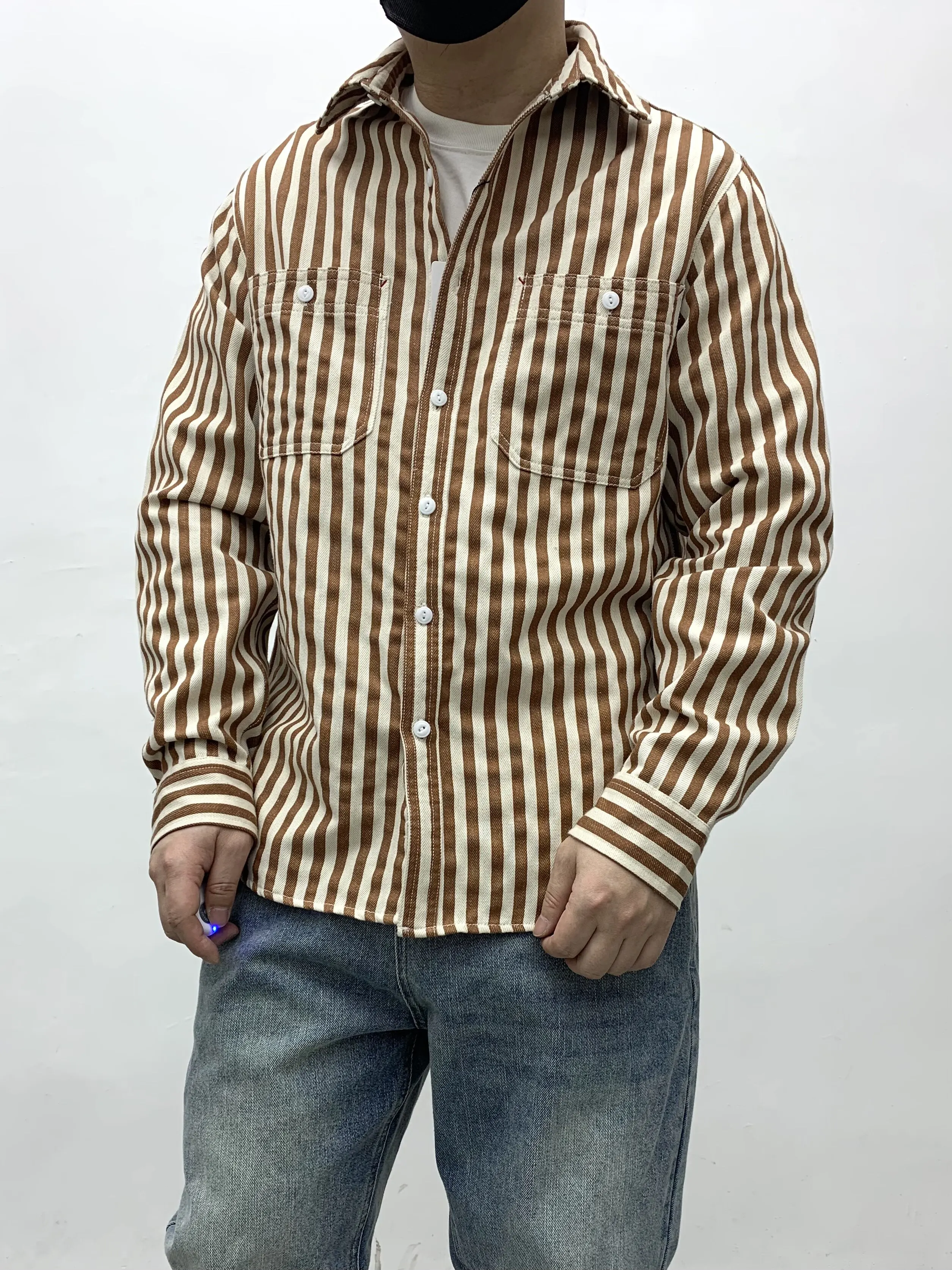 American Amekaji Japanese Retro Youth Work Shirt 100% All-Cotton Color-Woven Striped Loose Fit Long Sleeve Workwear Tops for Men