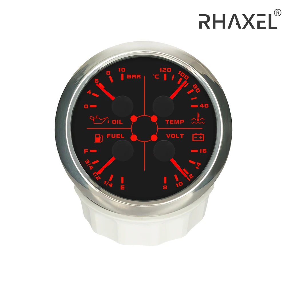 RHAXEL 3 3/8'' Motorcycle 4in1 Multi-Function Gauge Fuel Level Water Temperature Oil Pressure Voltmeter 12V for Racing Vessels