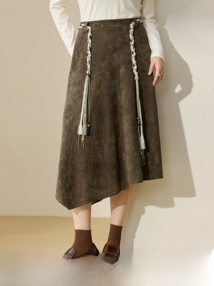 

Large Size Suede Skirt Asymmetrical Design A-Line Spring Faion Women's Clothing Commute Sle Belted mid Waist