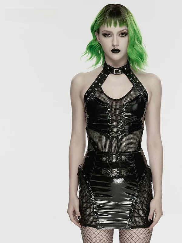 

Sexy Punk Style Halter Neck Tie Vest Women's Mesh Splice Short Sleeveless Leatherette Trendy Top round Neck Inner Wear Casual...