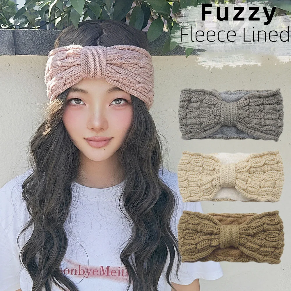 الشتاء محبوك عقال الكروشيه عمامة محبوك الأذن أدفأ مع بطانة أفخم الملتوية مطاطا عمامة أشرطة رأس إكسسوارات الشعر #1