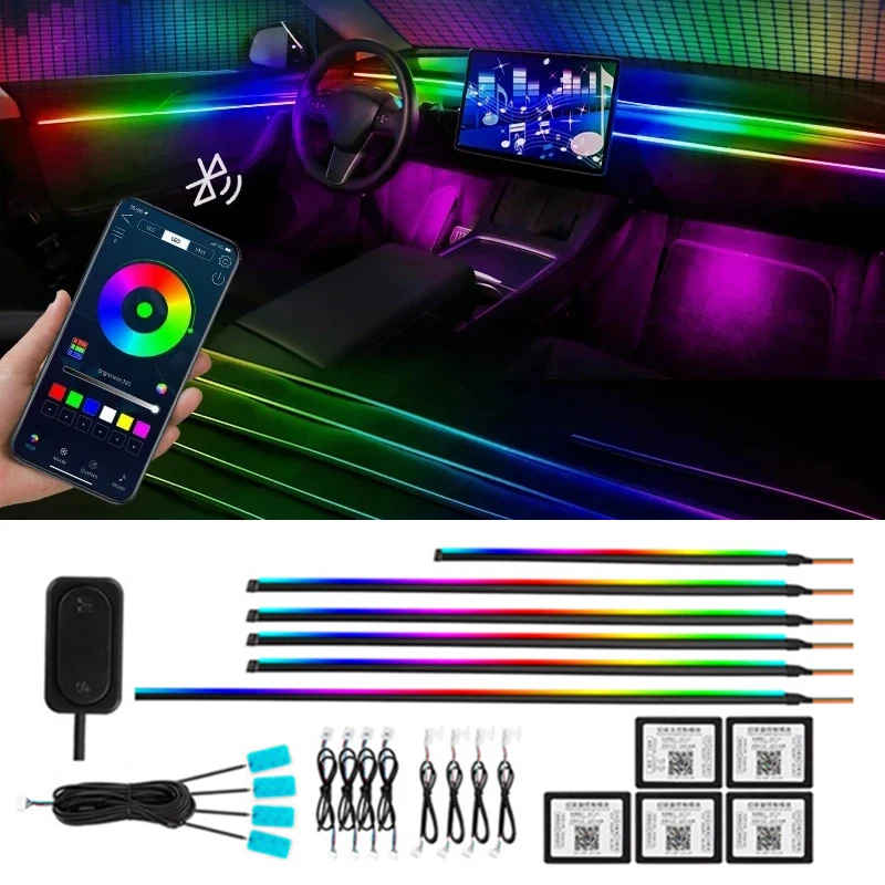 

18 в 1 RGBIC Декор интерьера автомобиля Свет музыки Синхронизация окружающего света Светодиодный полноцветный неоновый акриловый светильник Комплект атмосферного освещения Приложение