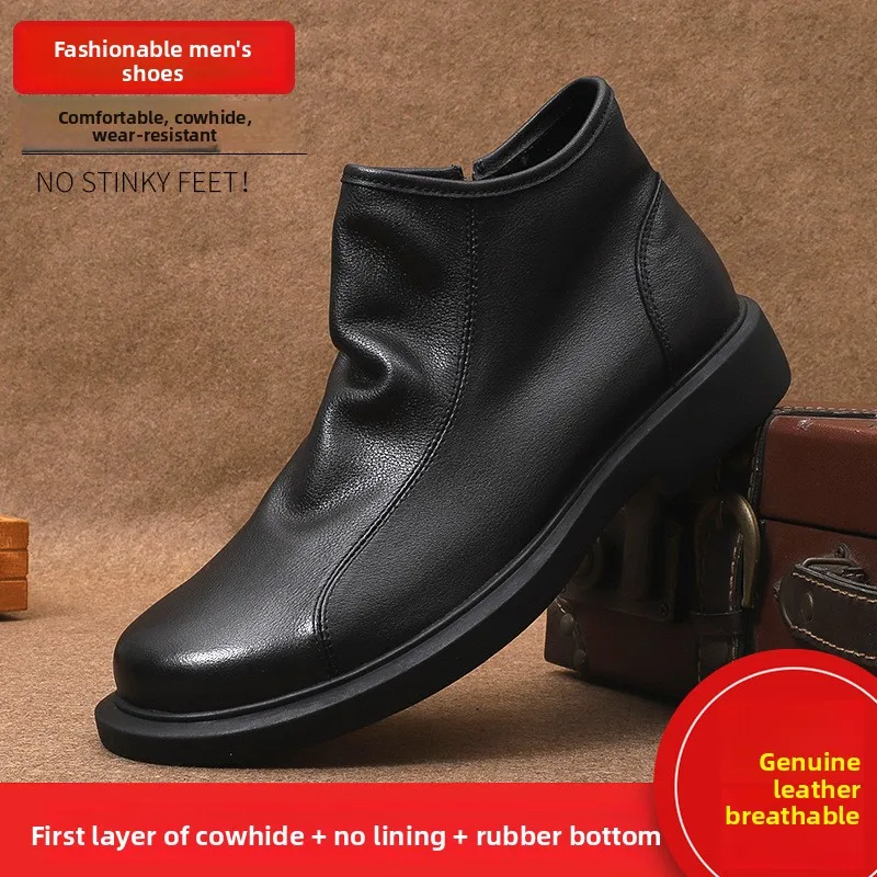 High Quality Platform Boots Mens Short Boots High-top Leather Shoes Trendy Soft-faced Wedge Heel Leather Boots Botas Para Hombre