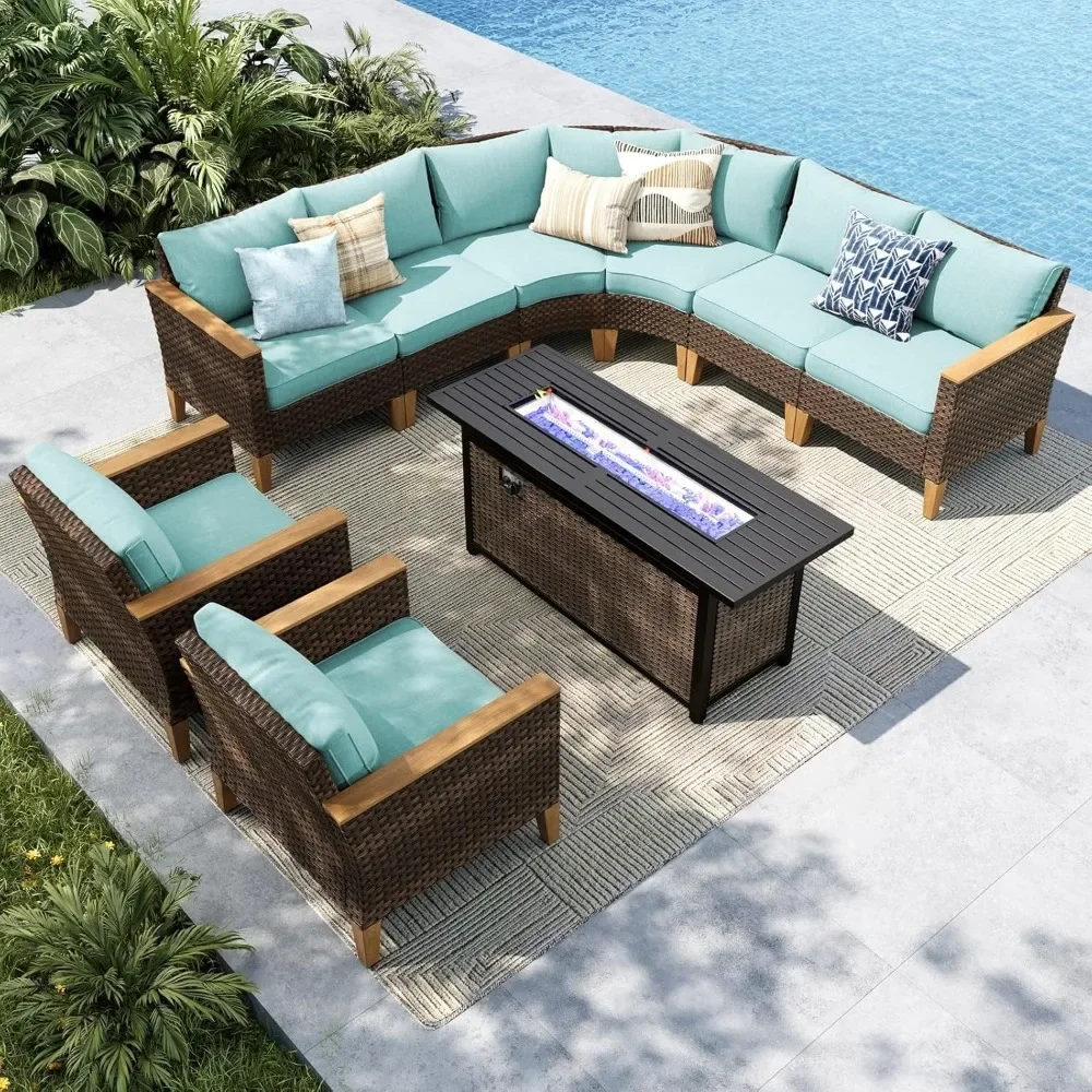

9 Pieces Wicker Patio Furniture Set with 56 Fire Pit Table, Half-Moon Curved Patio Sectional Sofa Set, Extra Large