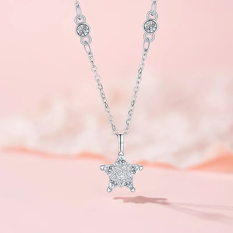 Original Design 925 Sterling Silber Symmetrie Zirkon fünfzackigen Stern Anhänger Halskette für Frauen Schlüsselbein Kette Schmuck Geschenke